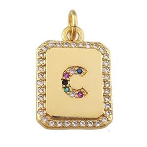 copper Letter-C pendant paved zircon, rectangle, gold plated, approx 12-15mm