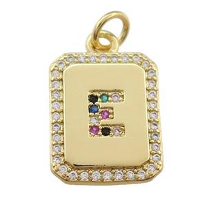 copper Letter-E pendant paved zircon, rectangle, gold plated, approx 12-15mm