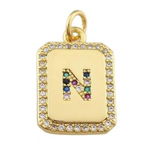 copper Letter-N pendant paved zircon, rectangle, gold plated, approx 12-15mm