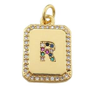 copper Letter-R pendant paved zircon, rectangle, gold plated, approx 12-15mm
