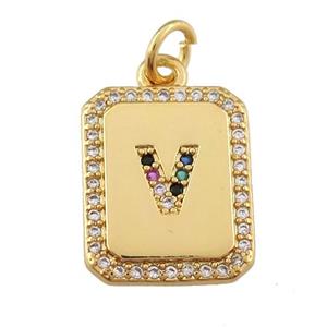 copper Letter-V pendant paved zircon, rectangle, gold plated, approx 12-15mm