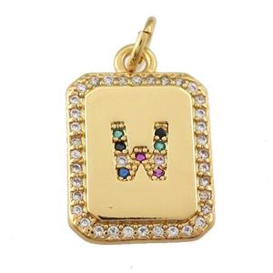 copper Letter-W pendant paved zircon, rectangle, gold plated, approx 12-15mm