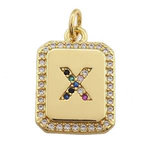 copper Letter-X pendant paved zircon, rectangle, gold plated, approx 12-15mm