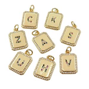 copper Letter pendant paved zircon, mix alphabet, rectangle, gold plated, approx 12-15mm
