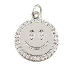 copper Emoji pendant paved zircon, happiness face, platinum plated, approx 15mm