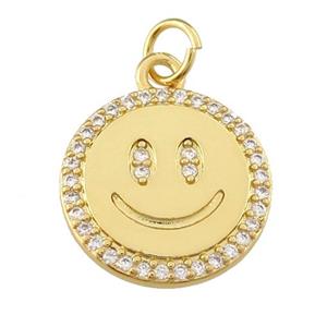 copper Emoji pendant paved zircon, happiness face, gold plated, approx 15mm