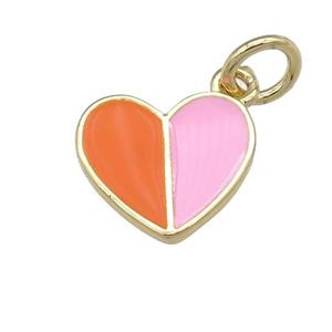 copper Heart pendant with orange pink enamel, gold plated, approx 10-11mm