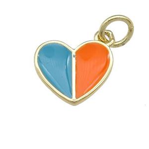 copper Heart pendant with teal orange enamel, gold plated, approx 10-11mm