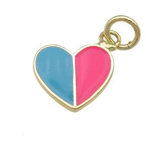 copper Heart pendant with teal hotpink enamel, gold plated, approx 10-11mm