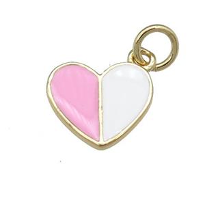 copper Heart pendant with pink white enamel, gold plated, approx 10-11mm