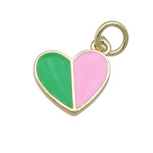 copper Heart pendant with green pink enamel, gold plated, approx 10-11mm