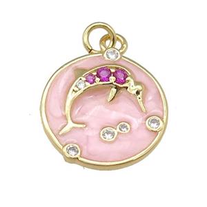 copper dolphin pendant paved zircon with pink enamel, circle, gold plated, approx 15mm