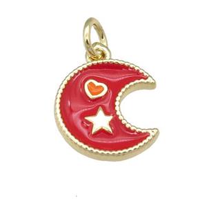 copper Moon pendant with red enamel, heart star, gold plated, approx 12mm