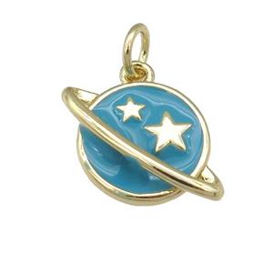 copper Planet pendant with teal enamel, star, gold palted, approx 11-16mm