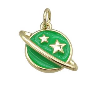 copper Planet pendant with green enamel, star, gold palted, approx 11-16mm