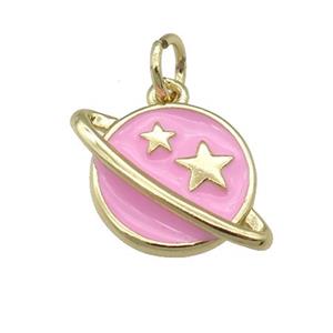 copper Planet pendant with pink enamel, star, gold palted, approx 11-16mm