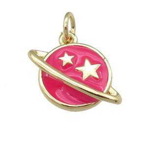 copper Planet pendant with hotpink enamel, star, gold palted, approx 11-16mm