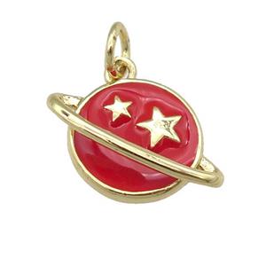 copper Planet pendant with red enamel, star, gold palted, approx 11-16mm