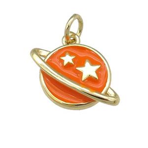 copper Planet pendant with orange enamel, star, gold palted, approx 11-16mm