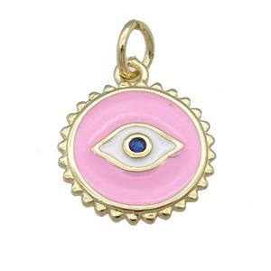 copper Eye pendant with pink enamel, circle, gold plated, approx 12mm