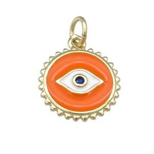 copper Eye pendant with orange enamel, circle, gold plated, approx 12mm