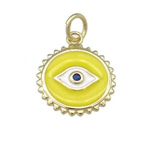copper Eye pendant with yellow enamel, circle, gold plated, approx 12mm