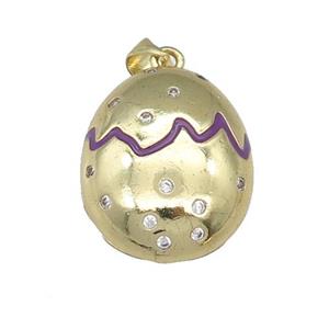 copper Egg pendant paved zircon with purple enamel, gold plated, approx 18-22mm