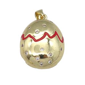 copper Egg pendant paved zircon with red enamel, gold plated, approx 18-22mm