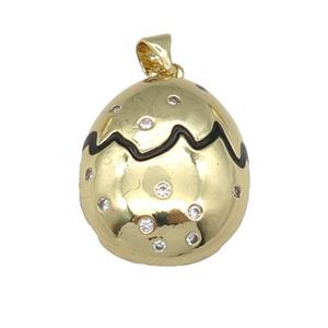 copper Egg pendant paved zircon with black enamel, gold plated, approx 18-22mm