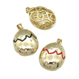 copper Egg pendant paved zircon with enamel, gold plated, mixed, approx 18-22mm
