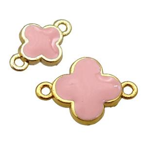 copper Clover connector with pink enamel, gold plated, approx 12mm