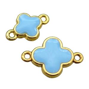 copper Clover connector with blue enamel, gold plated, approx 12mm