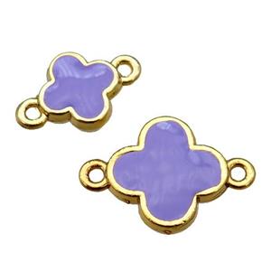copper Clover connector with lavender enamel, gold plated, approx 12mm