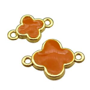 copper Clover connector with orange enamel, gold plated, approx 12mm