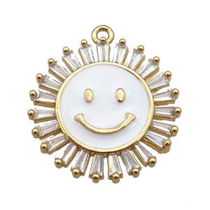 copper Emoji pendant paved zircon with white enamel, sunflower, gold plated, approx 20mm dia