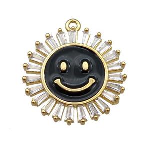 copper Emoji pendant paved zircon with black enamel, gold plated, approx 20mm dia