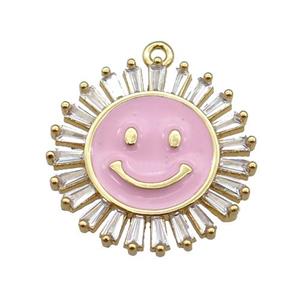copper Emoji pendant paved zircon with pink enamel, gold plated, approx 20mm dia