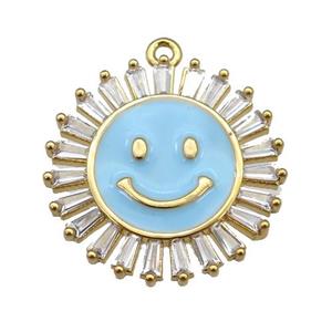 copper Emoji pendant paved zircon with blue enamel, gold plated, approx 20mm dia