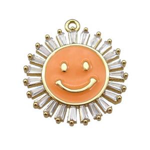 copper Emoji pendant paved zircon with orange enamel, gold plated, approx 20mm dia
