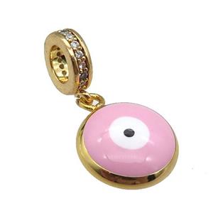 copper Evil Eye pendant with pink enamel, gold plated, approx 12mm, 8mm, 5mm hole