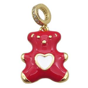 copper Bear pendant with red enamel, gold plated, approx 17-20mm, 8mm, 5mm hole