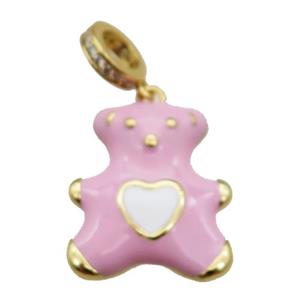 copper Bear pendant with pink enamel, gold plated, approx 17-20mm, 8mm, 5mm hole