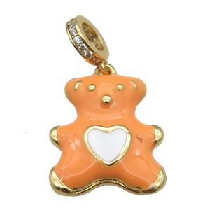 copper Bear pendant with orange enamel, gold plated, approx 17-20mm, 8mm, 5mm hole