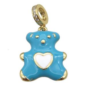 copper Bear pendant with teal enamel, gold plated, approx 17-20mm, 8mm, 5mm hole
