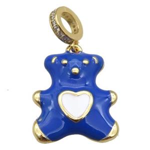 copper Bear pendant with royalblue enamel, gold plated, approx 17-20mm, 8mm, 5mm hole