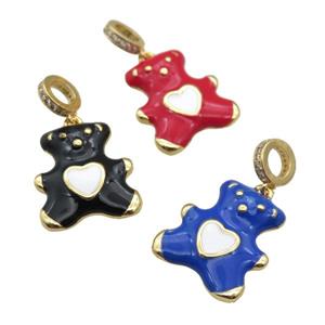 copper Bear pendant with enamel, gold plated, mixed, approx 17-20mm, 8mm, 5mm hole