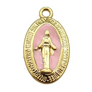 copper Jesus pendant with pink enamel, gold plated, approx 12-18mm