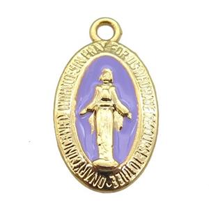 copper Jesus pendant with lavender enamel, gold plated, approx 12-18mm