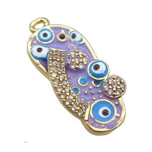 copper Shoe pendant paved zircon with lavender enamel, evil eye, gold plated, approx 10-20mm