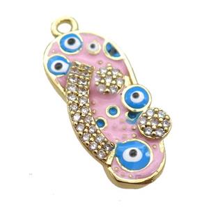copper Shoe pendant paved zircon with pink enamel, evil eye, gold plated, approx 10-20mm